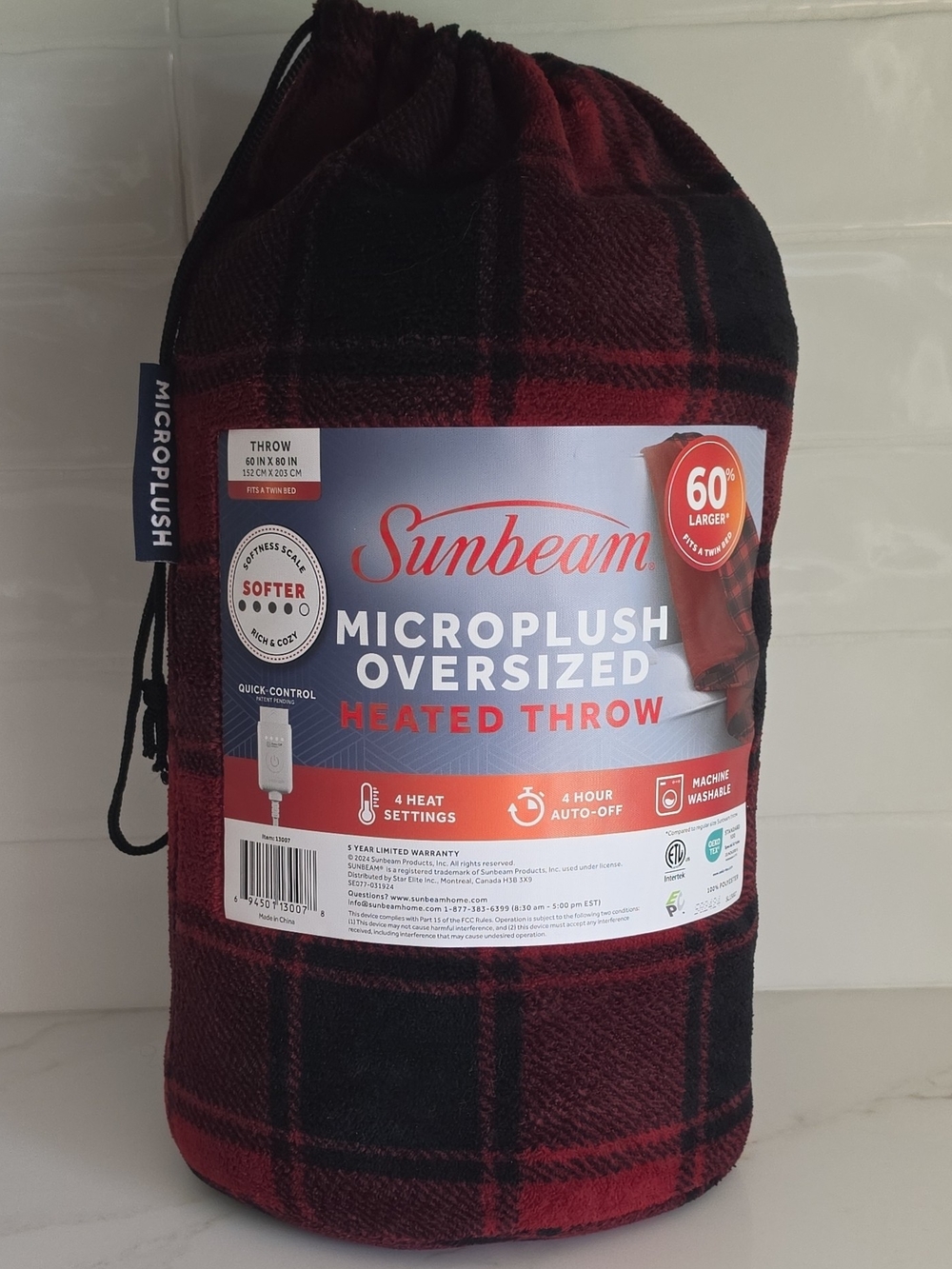 Sunbeam Red and Black Plaid Microplush Oversized Heated Throw